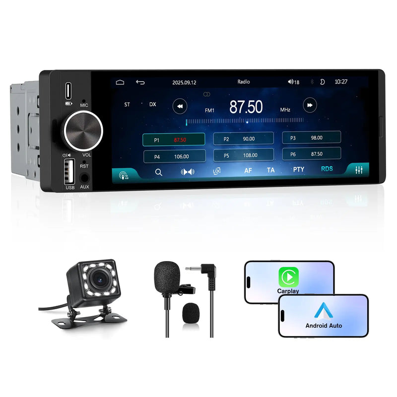 AWESAFE Single DIN Car Stereo with CarPlay and Android Auto, Radio 1 din with Reversing Camera FM AM RDS Type-C USB Port Function AWESAFE