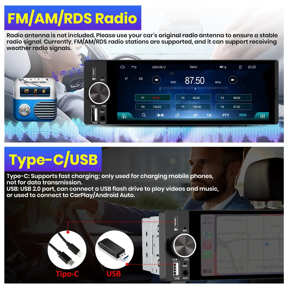 AWESAFE Single DIN Car Stereo with CarPlay and Android Auto, Radio 1 din with Reversing Camera FM AM RDS Type-C USB Port Function AWESAFE