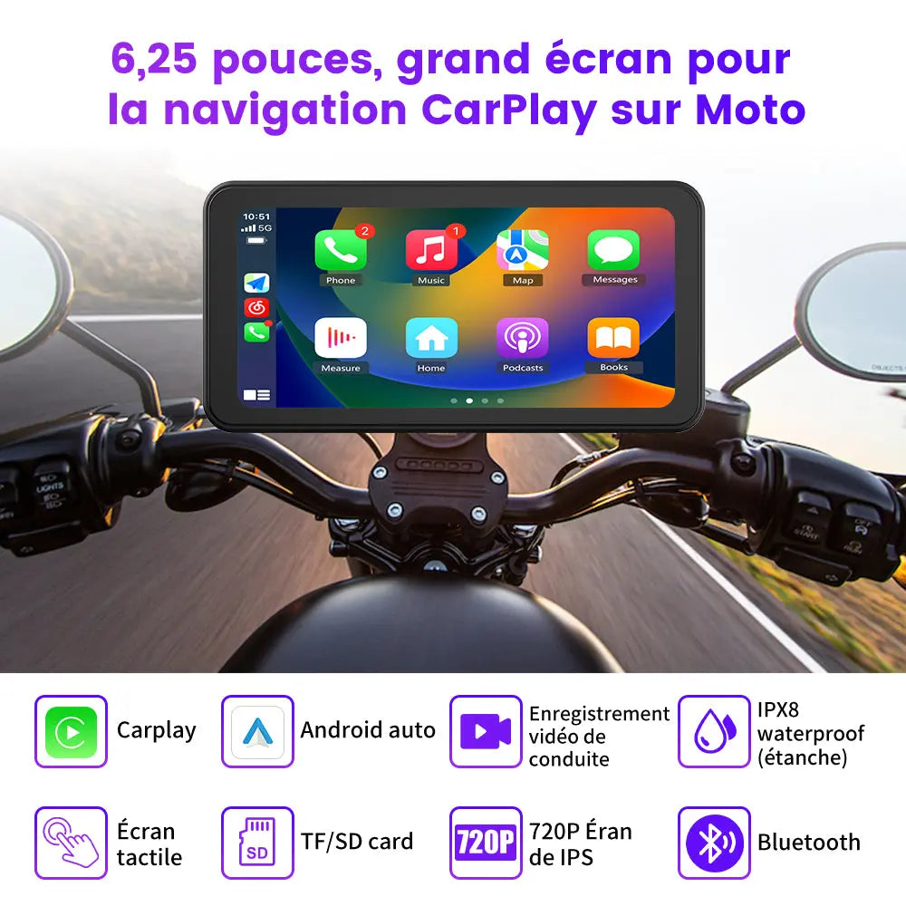 AWESAFE Système moto avec écran tactile 6,25 pouces, Apple CarPlay et Android Auto sans fil, navigateur GPS intégré, étanche IPX8, antivol et assistance vocale Siri/Google Assistant AWESAFE