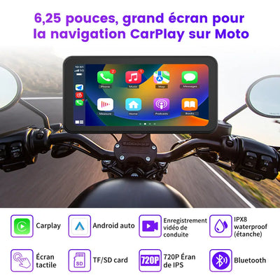 AWESAFE Système moto avec écran tactile 6,25 pouces, Apple CarPlay et Android Auto sans fil, navigateur GPS intégré, étanche IPX8, antivol et assistance vocale Siri/Google Assistant AWESAFE