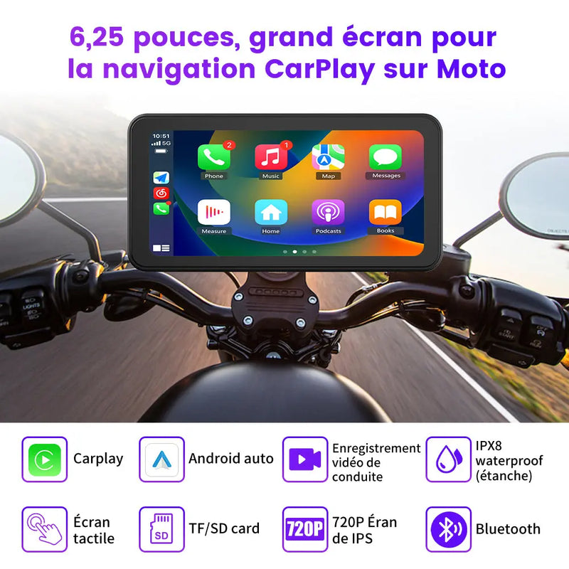 AWESAFE Système moto avec écran tactile 6,25 pouces, Apple CarPlay et Android Auto sans fil, navigateur GPS intégré, étanche IPX8, antivol et assistance vocale Siri/Google Assistant AWESAFE