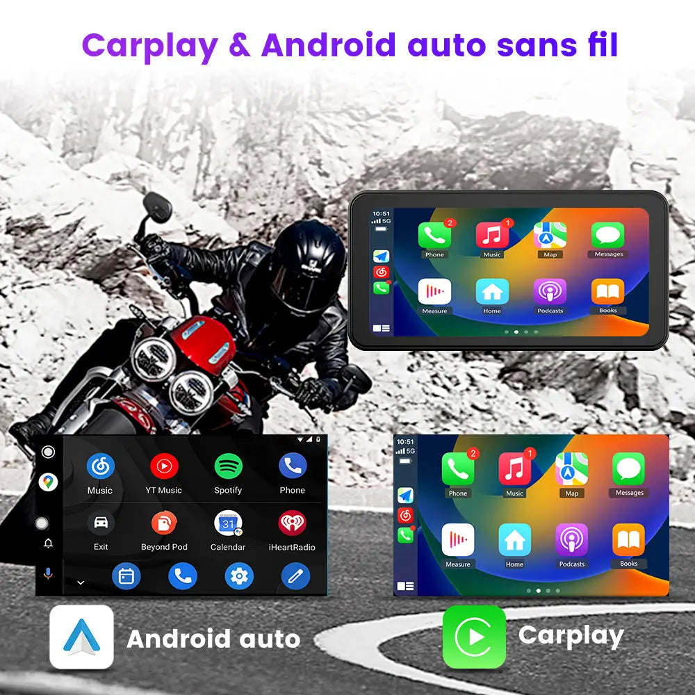 AWESAFE Système moto avec écran tactile 6,25 pouces, Apple CarPlay et Android Auto sans fil, navigateur GPS intégré, étanche IPX8, antivol et assistance vocale Siri/Google Assistant AWESAFE