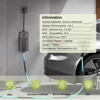 AWESAFE Tragbares Typ-2-EV-Ladegerät (3,6 kW) mit einstellbarem Ladestrom (8 A – 16 A), 5 Meter AWESAFE