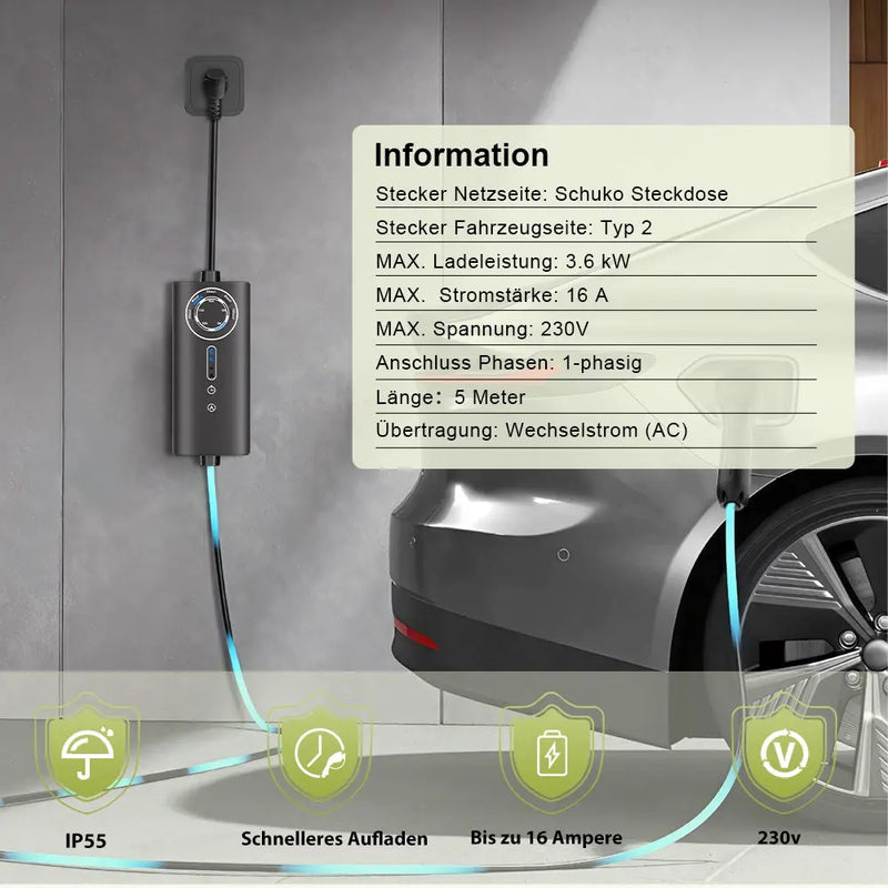 AWESAFE Tragbares Typ-2-EV-Ladegerät (3,6 kW) mit einstellbarem Ladestrom (8 A – 16 A), 5 Meter AWESAFE
