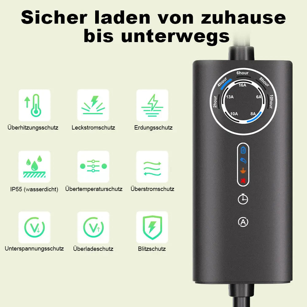 AWESAFE Tragbares Typ-2-EV-Ladegerät (3,6 kW) mit einstellbarem Ladestrom (8 A – 16 A), 5 Meter AWESAFE