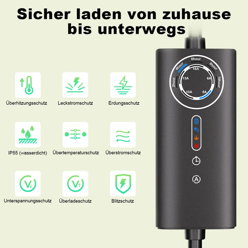 AWESAFE Tragbares Typ-2-EV-Ladegerät (3,6 kW) mit einstellbarem Ladestrom (8 A – 16 A), 5 Meter AWESAFE