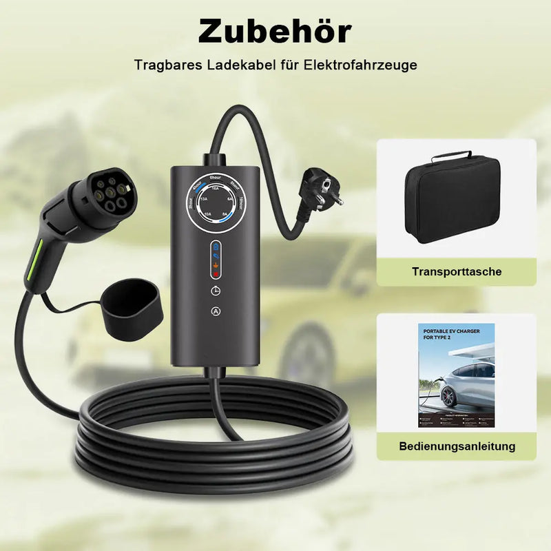 AWESAFE Tragbares Typ-2-EV-Ladegerät (3,6 kW) mit einstellbarem Ladestrom (8 A – 16 A), 5 Meter AWESAFE