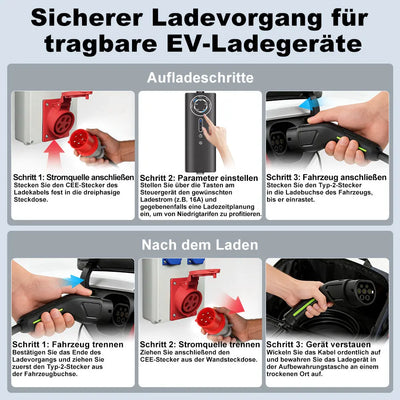 AWESAFE Tragbares Typ-2-EV-Ladegerät (3,6 kW) mit einstellbarem Ladestrom (8 A – 16 A), 5 Meter AWESAFE
