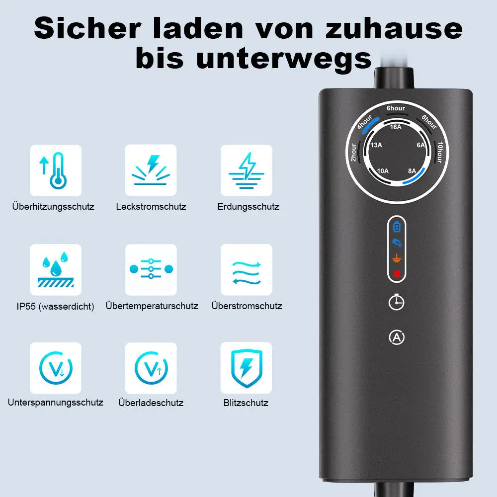 AWESAFE Tragbares Typ-2-EV-Ladegerät (3,6 kW) mit einstellbarem Ladestrom (8 A – 16 A), 5 Meter AWESAFE