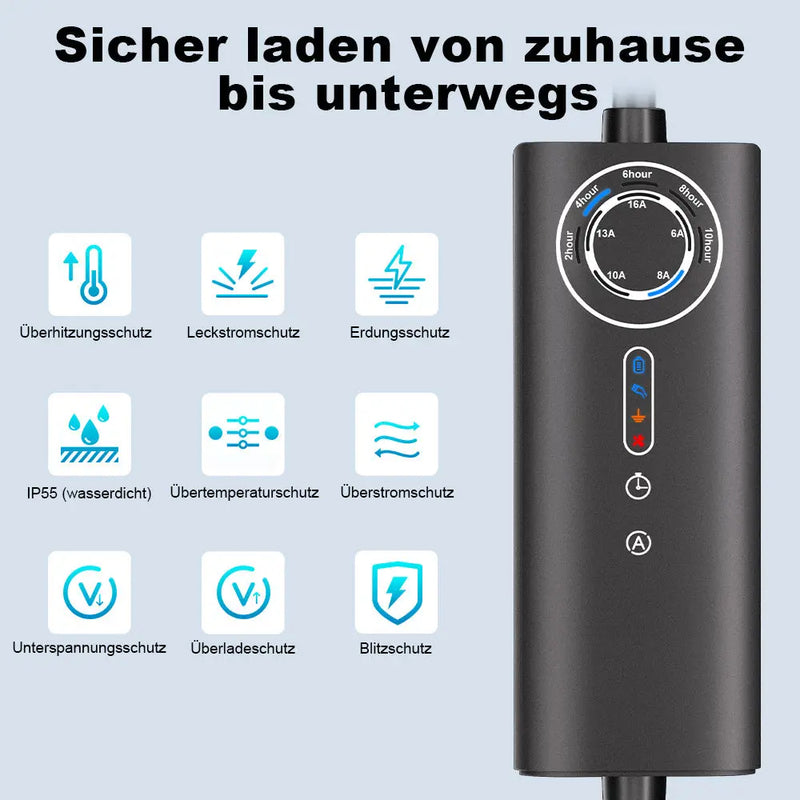 AWESAFE Tragbares Typ-2-EV-Ladegerät (3,6 kW) mit einstellbarem Ladestrom (8 A – 16 A), 5 Meter AWESAFE