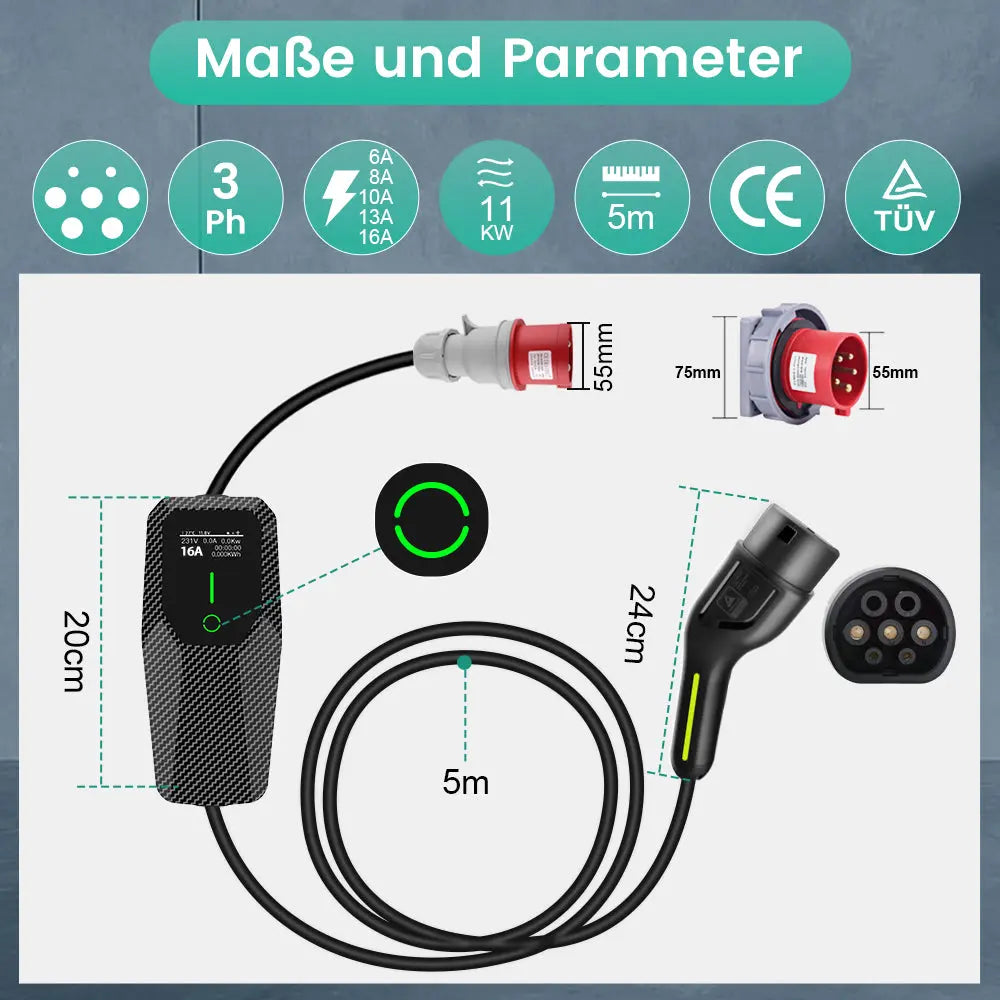 AWESAFE Tragbares Typ 2 Universal-EV-Ladegerät 11 kW EV Mobile Wallbox AWESAFE