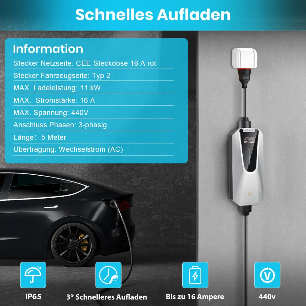 AWESAFE Typ 2 Ladekabel, 11kW, 16A, 5m, IP65, unterstützt App-Steuerung, 3 Phase, tragbare Wallbox mit 6-16A Stromregelung mit Steuerbox in Silber, Ladezeiten programmieren AWESAFE