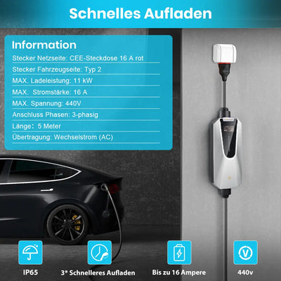 AWESAFE Typ 2 Ladekabel, 11kW, 16A, 5m, IP65, unterstützt App-Steuerung, 3 Phase, tragbare Wallbox mit 6-16A Stromregelung mit Steuerbox in Silber, Ladezeiten programmieren AWESAFE