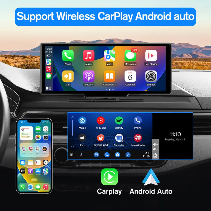 AWESAFE Wireless Apple Carplay Android Auto 10.25 Inch Touch Screen Portable Car Radio Stereo with 1080p Backup Camera DVR AWESAFE