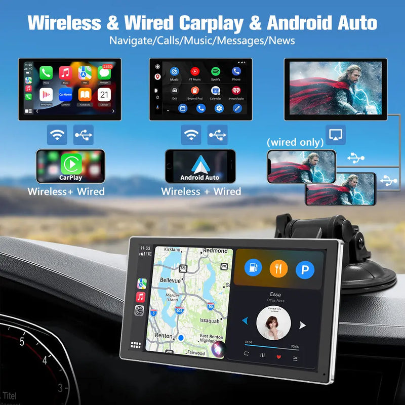 AWESAFE Wireless Apple Carplay Android Auto Screen, 9 Inch Portable Car Radio Receiver Compatible with Bluetooth Online GPS Navigation Voice Control AWESAFE