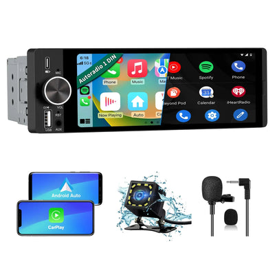 AWESAFE Wireless CarPlay & Android Auto Car Stereo, 1-DIN HD Touchscreen Radio with Bluetooth, Backup Camera, USB-C/USB/Mirror Link/Mic, GPS/FM AWESAFE