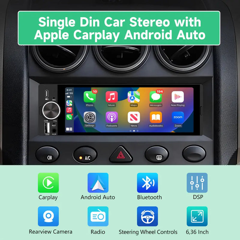 AWESAFE Wireless CarPlay & Android Auto Car Stereo, 1-DIN HD Touchscreen Radio with Bluetooth, Backup Camera, USB-C/USB/Mirror Link/Mic, GPS/FM AWESAFE