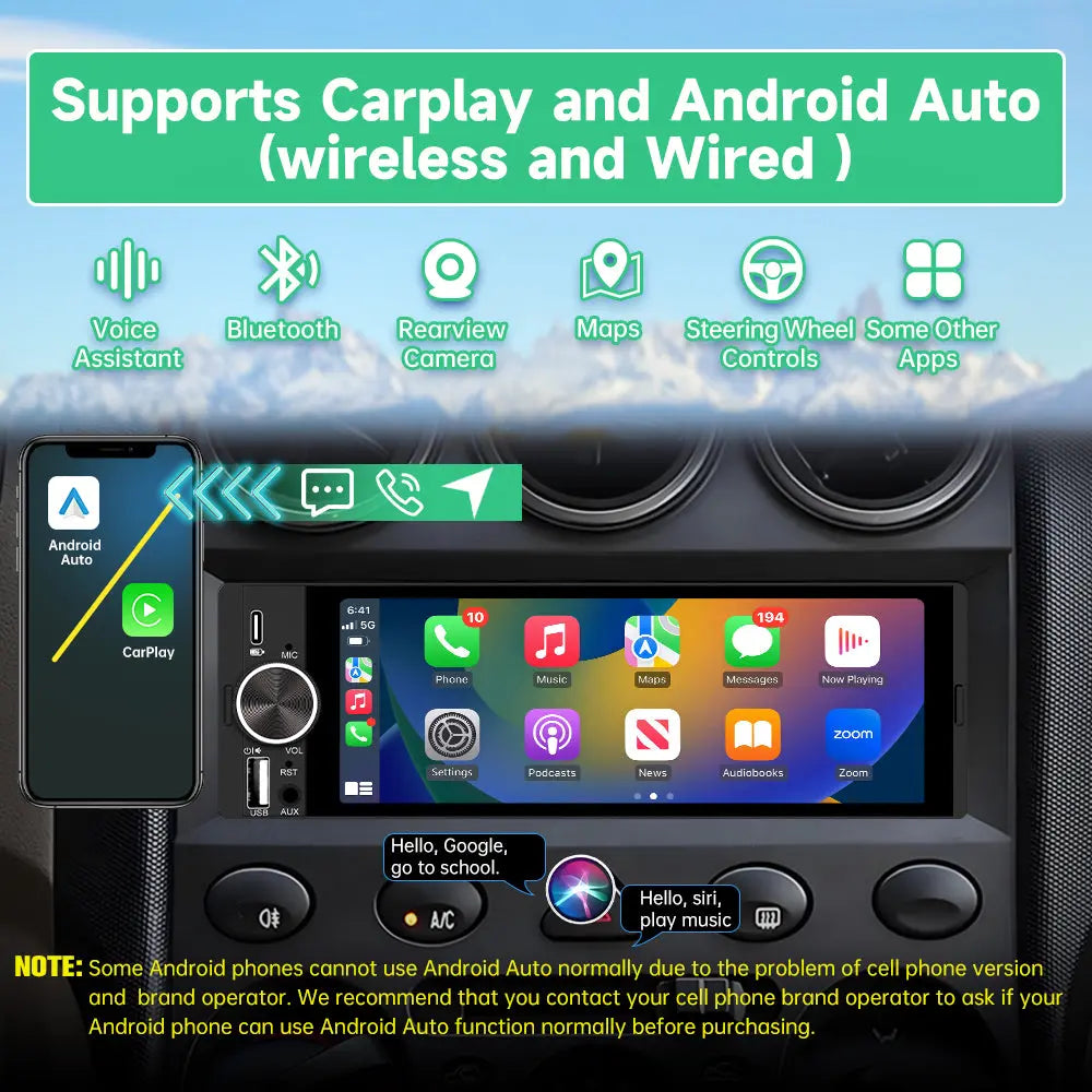 AWESAFE Wireless CarPlay & Android Auto Car Stereo, 1-DIN HD Touchscreen Radio with Bluetooth, Backup Camera, USB-C/USB/Mirror Link/Mic, GPS/FM AWESAFE