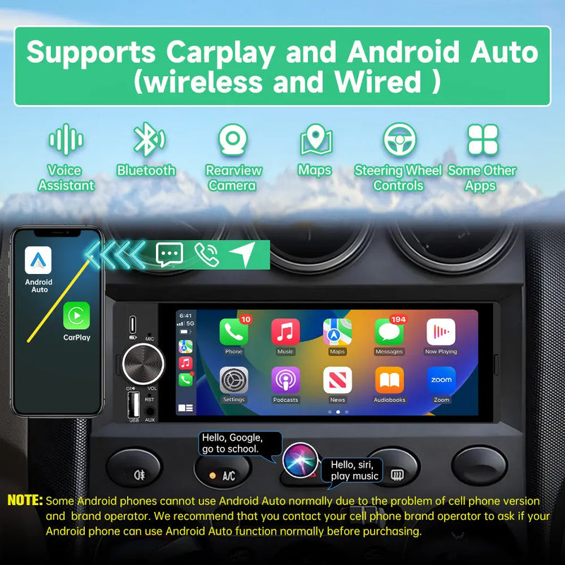 AWESAFE Wireless CarPlay & Android Auto Car Stereo, 1-DIN HD Touchscreen Radio with Bluetooth, Backup Camera, USB-C/USB/Mirror Link/Mic, GPS/FM AWESAFE