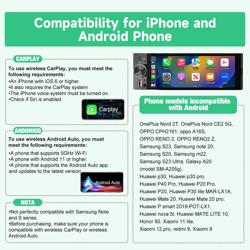 AWESAFE Wireless CarPlay & Android Auto Car Stereo, 1-DIN HD Touchscreen Radio with Bluetooth, Backup Camera, USB-C/USB/Mirror Link/Mic, GPS/FM AWESAFE