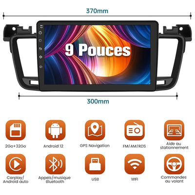 AWESAFE Autoradio Android 12 pour Peugeot 508 (2012-2016) [2Go+32Go] avec 9 Pouces Écran Tactile Carplay Android Auto GPS Bluetooth Wi-FI/Commande au Volant/Aide au Parking AWESAFE