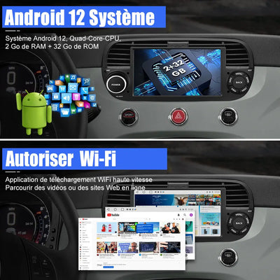 AWESAFE Autoradio Android 12 pour Fiat 500(2007-2015) [2Go+32Go] 7 Pouces avec Carplay Android Auto GPS WiFi DSP FM Commande au Volant/Bluetooth/Aide au Stationnement AWESAFE