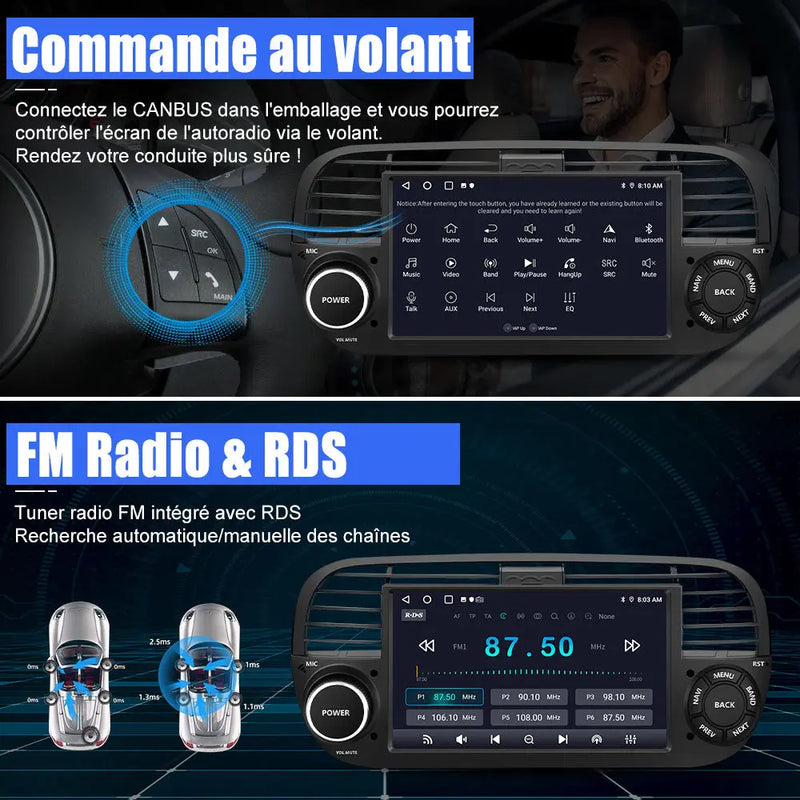 AWESAFE Autoradio Android 12 pour Fiat 500(2007-2015) [2Go+32Go] 7 Pouces avec Carplay Android Auto GPS WiFi DSP FM Commande au Volant/Bluetooth/Aide au Stationnement AWESAFE