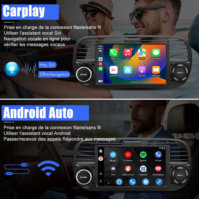 AWESAFE Autoradio Android 12 pour Fiat 500(2007-2015) [2Go+32Go] 7 Pouces avec Carplay Android Auto GPS WiFi DSP FM Commande au Volant/Bluetooth/Aide au Stationnement AWESAFE