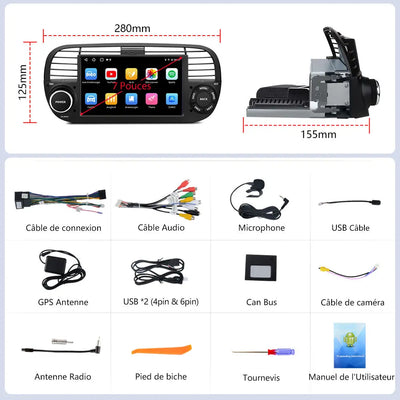 AWESAFE Autoradio Android 12 pour Fiat 500(2007-2015) [2Go+32Go] 7 Pouces avec Carplay Android Auto GPS WiFi DSP FM Commande au Volant/Bluetooth/Aide au Stationnement AWESAFE