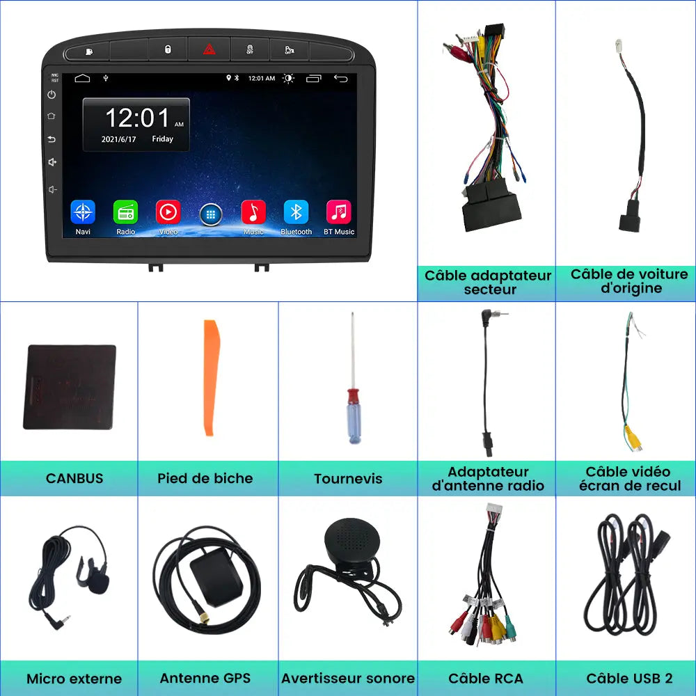 Podofo CarPlay Autoradio 9 Inch Voor Peugeot 308/408 2007-2013 – 2G+64G, Android Auto, GPS, WiFi, Bluetooth En FM RDS