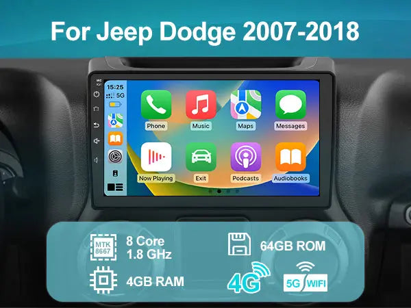 Andriod Car Radio Stereo for Jeep Dodge 2007-2018 Built in Wireless Carplay Android Auto 4GB+64GB GPS Navigation & WiFi AWESAFE