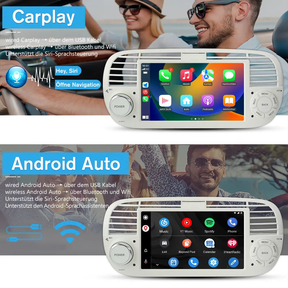 AWESAFE Android Autoradio für Fiat 500 2007-2015 Radio mit CarPlay/Android Auto GPS Navi Lenkradsteuerung DSP FM-Radio Bluetooth WiFi AWESAFE