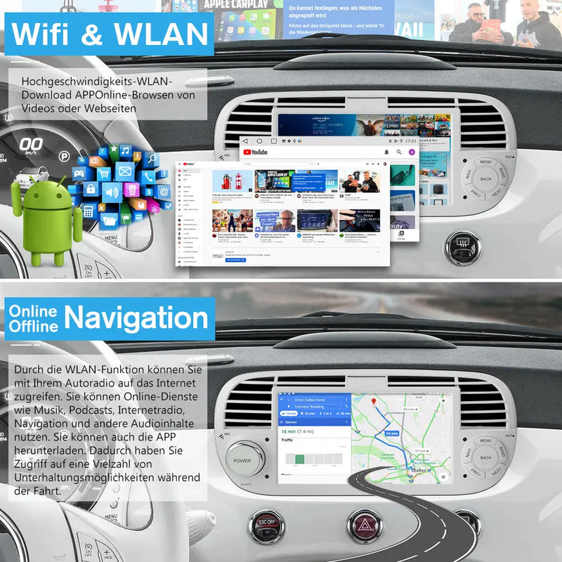 AWESAFE Android Autoradio für Fiat 500 2007-2015 Radio mit CarPlay/Android Auto GPS Navi Lenkradsteuerung DSP FM-Radio Bluetooth WiFi AWESAFE