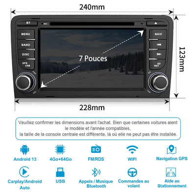 AWESAFE Radio Android Pour Audi A3/S3/RS3 2006-2012 Construit en Carplay intégré/Android Auto SWC GPS Bluetooth WiFi RDS FM Radio AWESAFE