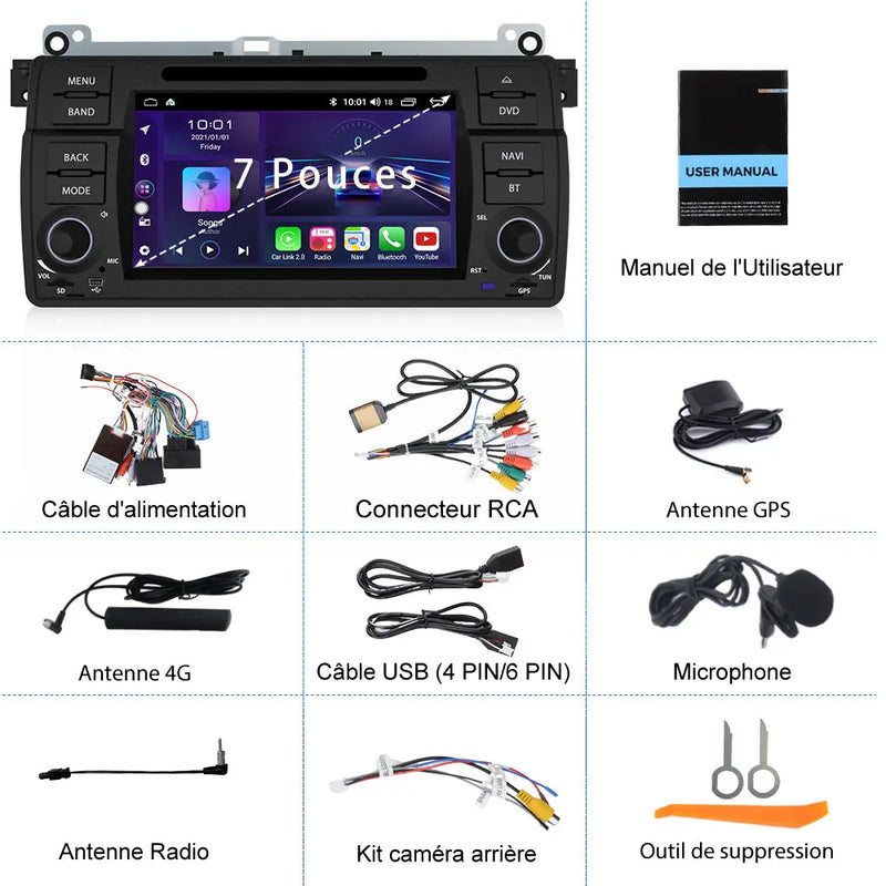 AWESAFE Radio Android pour BMW E46 1999-2004 intégré Carplay intégré/Android Auto SWC GPS Bluetooth WiFi RDS FM Radio AWESAFE