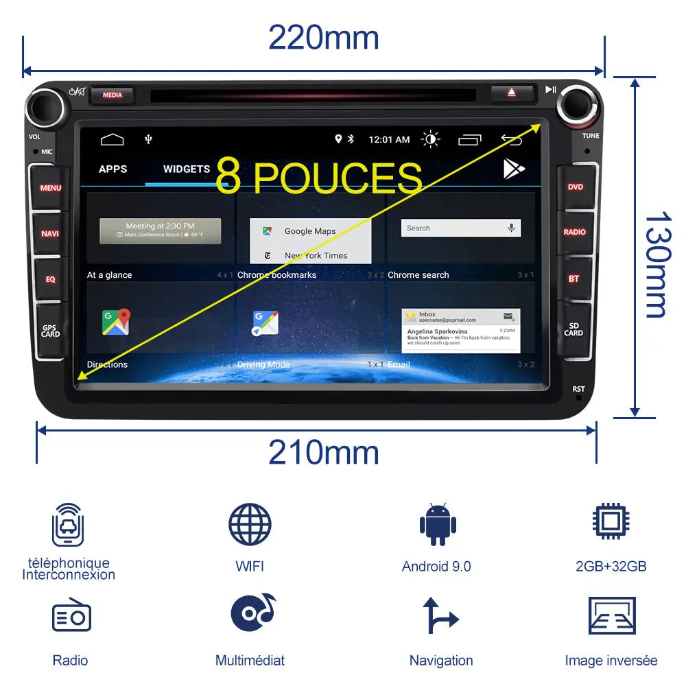 AWESAFE Radio Android Autoradio Pour Volkswagen/Skoda/Seat Construit en Carplay intégré/Android Auto SWC GPS Bluetooth WiFi RDS FM Radio AWESAFE