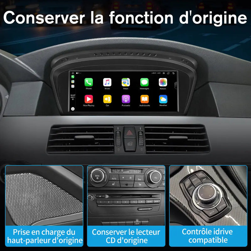 AWESAFE Radio Android pour BMW Série 3 E90 E91 E92 2009-2012 Système Cic & BMW Série 5 E60 E61 E63 E64 2009-2012 Système Cic Intégré Carplay intégré/Android Auto SWC GPS Bluetooth WiFi RDS FM Radio AWESAFE