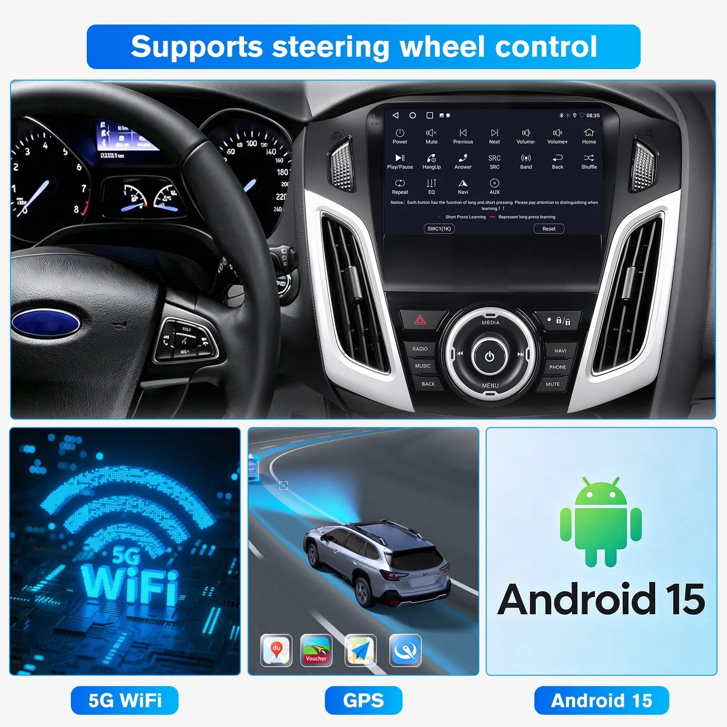 Car Radio for Ford Focus 2012-2017, 9 inch Touch Screen Android 15 Stereo with Bluetooth GPS Wireless CarPlay Andriod Auto [2GB+64GB] AWESAFE