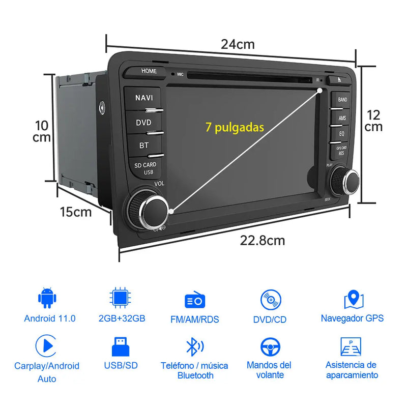 AWESAFE Android 11.0 [2GB+32GB] Radio Coche 7 Pulgadas con Pantalla Táctil 2 DIN para Audi A3/S3/RS3, Autoradio con Bluetooth/GPS/FM/CD DVD/USB/SD/WiFi/Carplay, Apoyo Mandos Volante y Aparcamiento AWESAFE