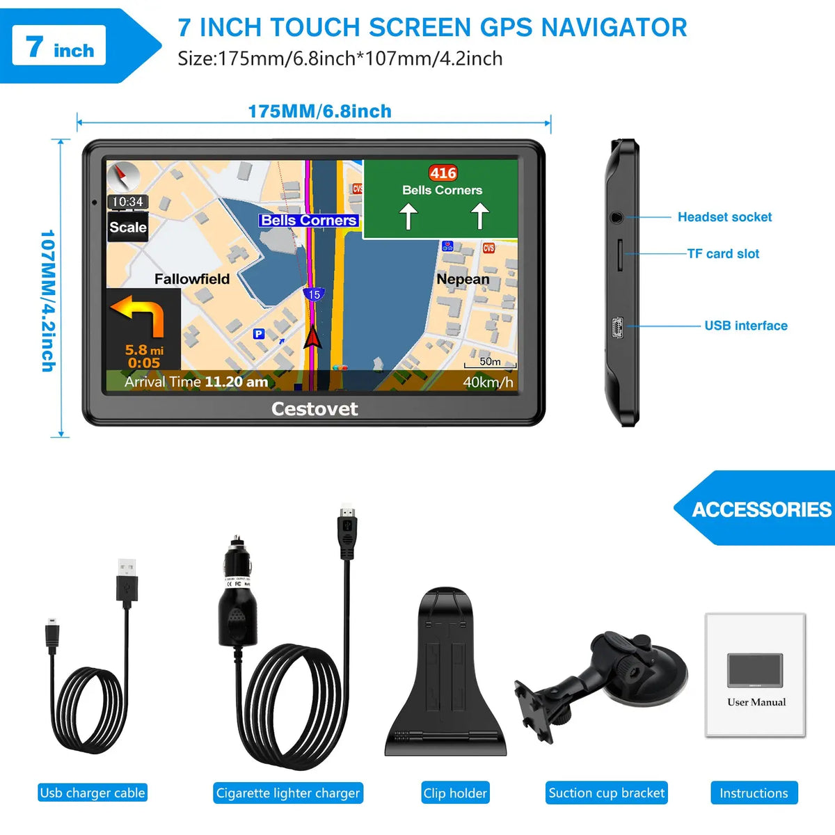 Cestovet GPS Navigation 7 Inch High-Definition Touch Screen with Bluet ...