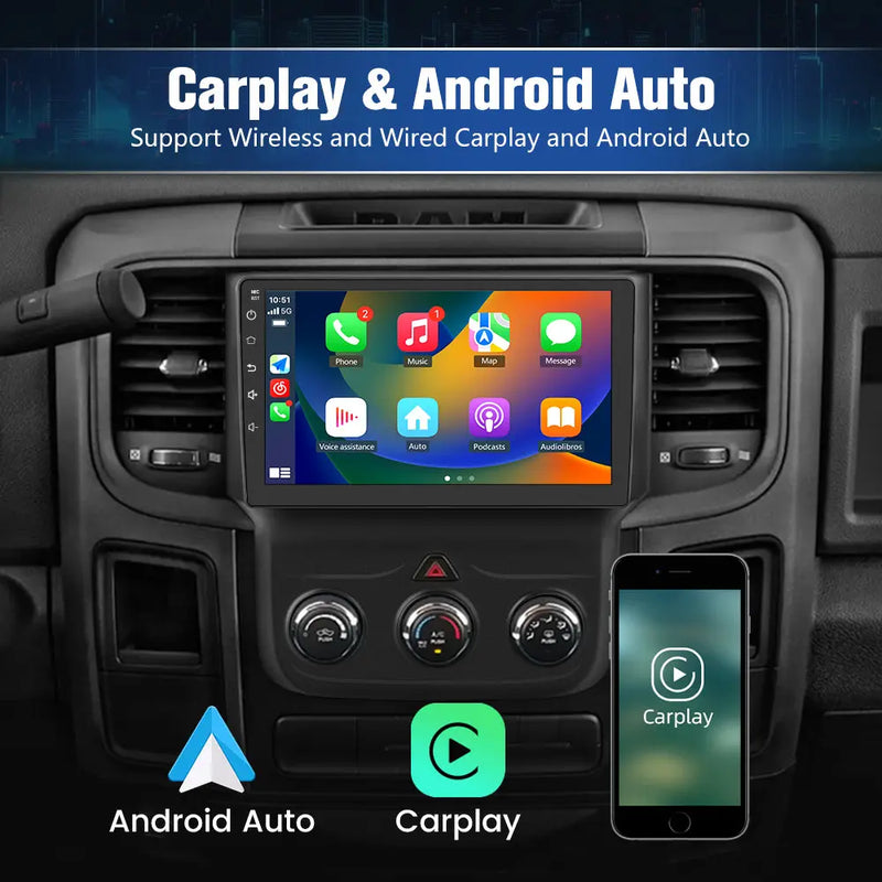 Andriod Car Radio Stereo for Dodge Ram 2013-2018 GPS Screen Upgrade Built in Carplay/Android Auto SWC BT AM/FM 2G RAM 64G ROM Head Unit AWESAFE