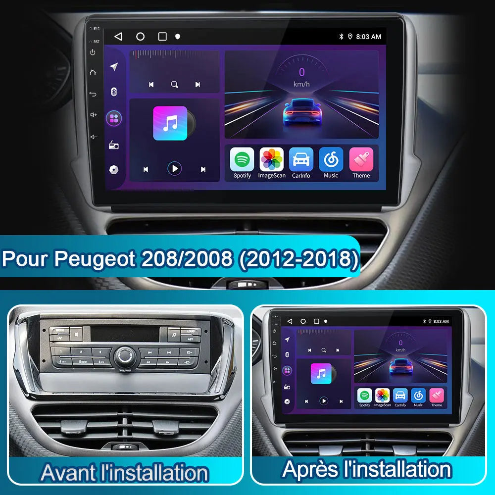 Radio Android Pour Peugeot208/2008 2012-2018 Carplay intégré/Android Auto SWC BT AM/FM AWESAFE