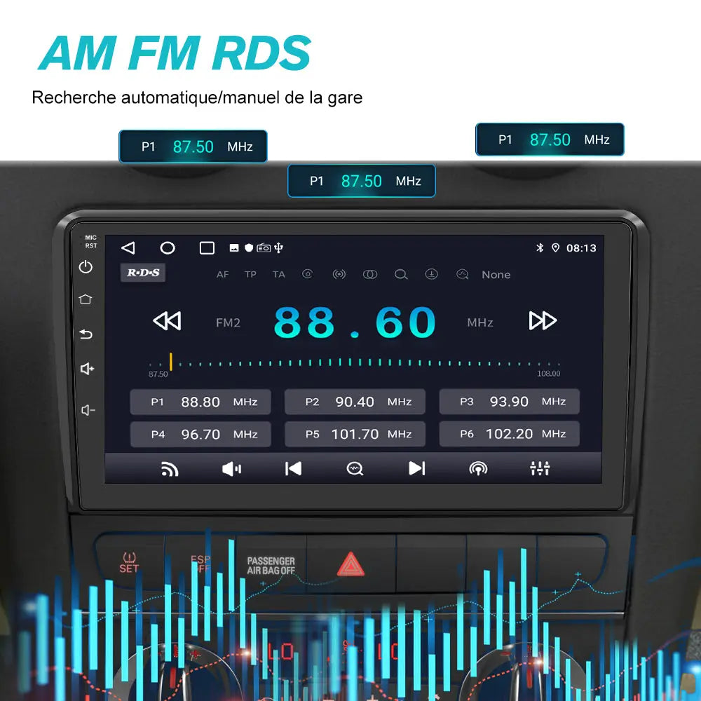 Radio Android Pour Audi A3 (2006-2012) Carplay intégré/Android Auto SWC BT AM/FM AWESAFE