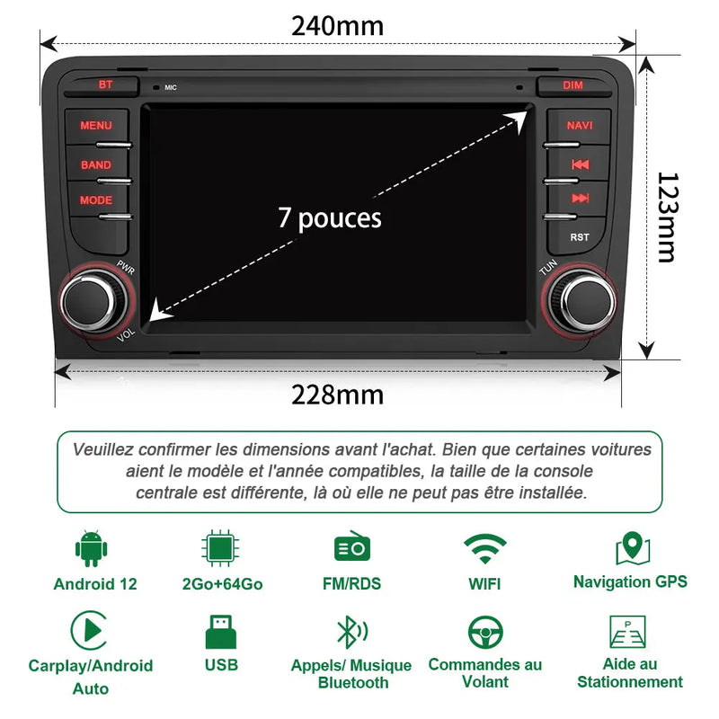 Radio Android Pour Audi A3/S3/RS3 2006-2012 Carplay intégré/Android Auto SWC BT AM/FM AWESAFE