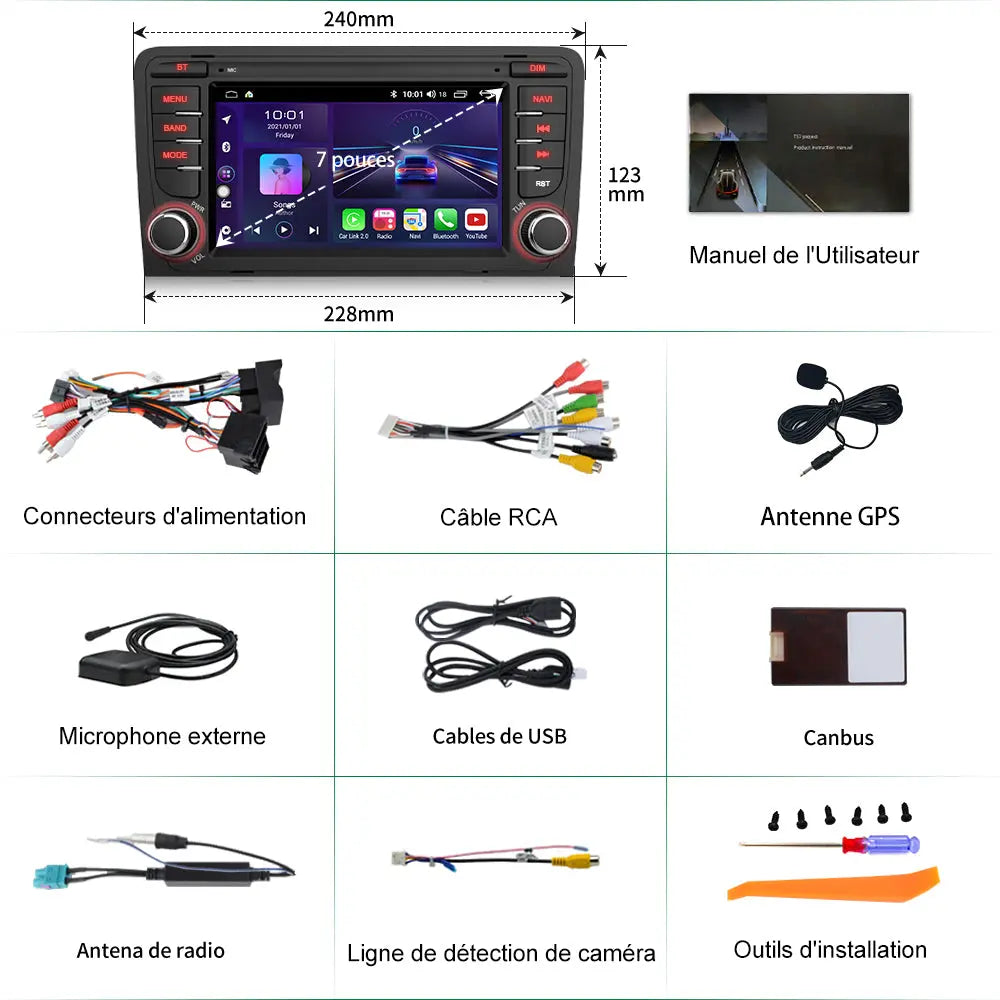 Radio Android Pour Audi A3/S3/RS3 2006-2012 Carplay intégré/Android Auto SWC BT AM/FM AWESAFE