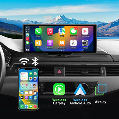 Awesafe 10.25 Inch IPS Touch Screen Wireless Carplay Android Auto Bluetooth Unit Portable Car Radio Stereo with 1080p Backup Camera DVR GPS Navigator AirPlay AUX/FM Googel Siri AWESAFE