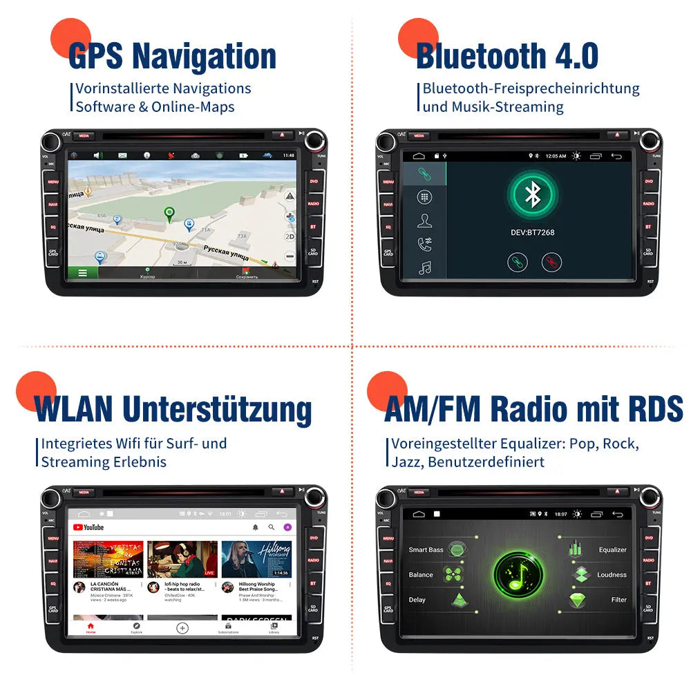 Autoradio für Volkswagen/Seat/Skoda, GPS-Navi, Multimedia-Stereo, integriertes Carplay/Android Auto, SWC, BT, AM/FM, 2 G RAM, 32 G ROM, Haupteinheit AWESAFE