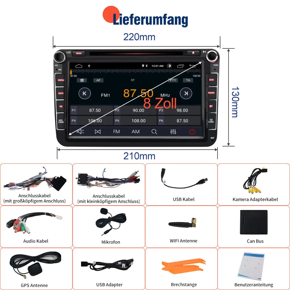 Autoradio für Volkswagen/Seat/Skoda, GPS-Navi, Multimedia-Stereo, integriertes Carplay/Android Auto, SWC, BT, AM/FM, 2 G RAM, 32 G ROM, Haupteinheit AWESAFE