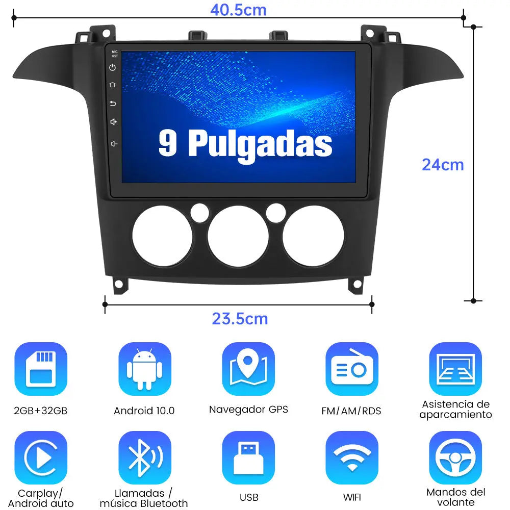 AWESAFE Android 10.0 [2GB+32GB] Radio Coche con Pantalla Táctil 9 Pulgadas para Ford S-MAX 2007-2008, Autoradio con Carplay/WiFi/Bluetooth/GPS/FM, Apoya Mandos Volante y Aparcamiento AWESAFE