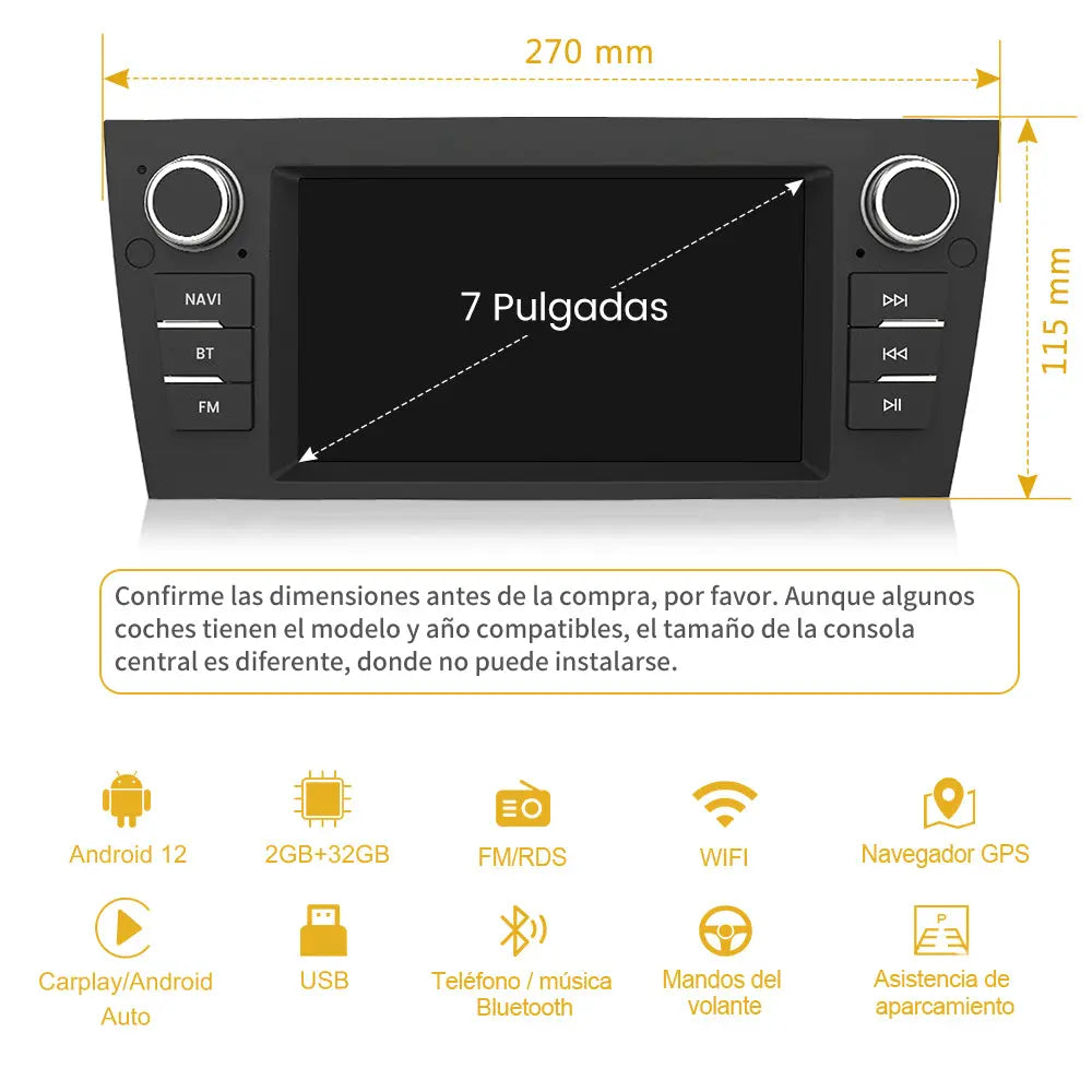 AWESAFE Android 12.0 [2GB+32GB] Radio Coche con Pantalla Táctil 7” para BMW Serie 3 E90/E91/E92/E93, Autoradio con Carplay/Android Auto/Bluetooth/GPS/FM, Apoya Mandos Volante y Aparcamiento AWESAFE